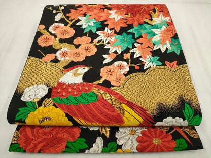 平和屋着物▼六通柄袋帯 唐織 花鳥文 黒地 金銀糸 正絹 逸品 AABH1830wj
