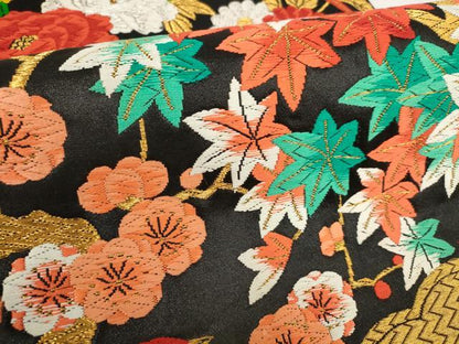 平和屋着物▼六通柄袋帯 唐織 花鳥文 黒地 金銀糸 正絹 逸品 AABH1830wj
