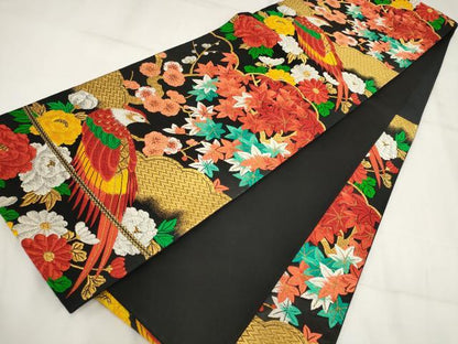 平和屋着物▼六通柄袋帯 唐織 花鳥文 黒地 金銀糸 正絹 逸品 AABH1830wj