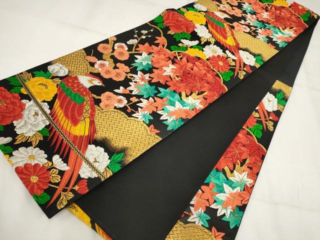 平和屋着物▼六通柄袋帯 唐織 花鳥文 黒地 金銀糸 正絹 逸品 AABH1830wj
