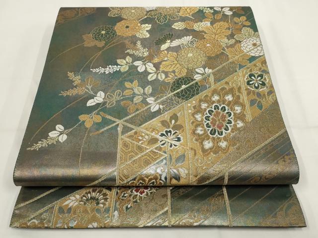 平和屋着物▼六通柄袋帯 草花文 金糸 引箔 正絹 逸品 AABH1833wj