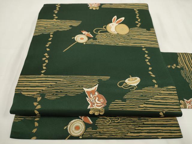 平和屋着物●九寸名古屋帯　唐織　兎　玩具文　金糸　正絹　逸品　AABH1835wj
