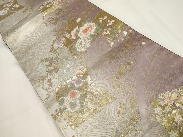 平和屋着物▼六通柄袋帯　立波草花文　金糸　正絹　逸品　AABH1841wj
