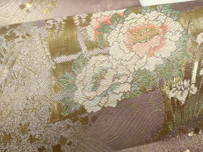平和屋着物▼六通柄袋帯　立波草花文　金糸　正絹　逸品　AABH1841wj