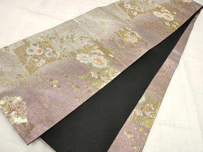 平和屋着物▼六通柄袋帯　立波草花文　金糸　正絹　逸品　AABH1841wj