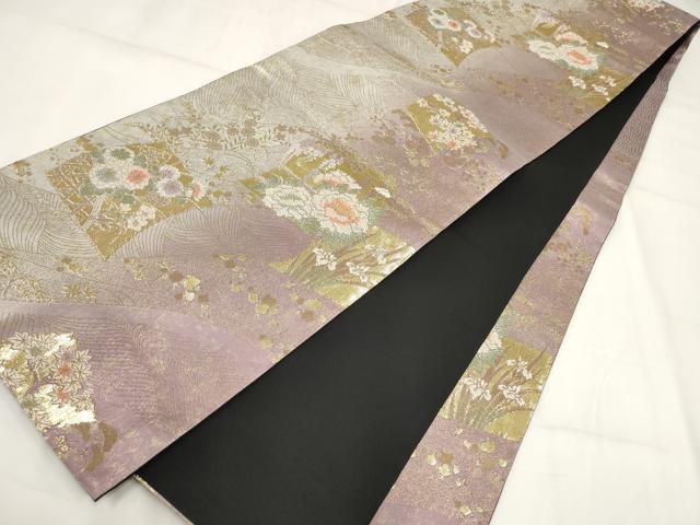 平和屋着物▼六通柄袋帯　立波草花文　金糸　正絹　逸品　AABH1841wj
