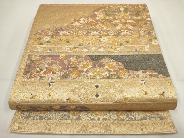 平和屋着物▼六通柄袋帯 道長花鳥文 金糸 正絹 逸品 AABH1845wj