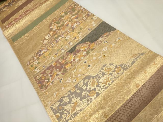 平和屋着物▼六通柄袋帯 道長花鳥文 金糸 正絹 逸品 AABH1845wj