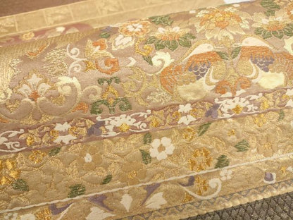 平和屋着物▼六通柄袋帯 道長花鳥文 金糸 正絹 逸品 AABH1845wj