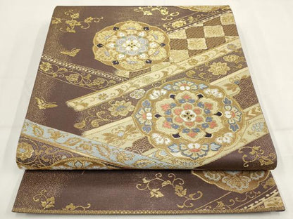 平和屋着物▼六通柄袋帯 吉祥花鳥文 金糸 正絹 逸品 AABH1846wj