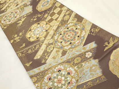 平和屋着物▼六通柄袋帯 吉祥花鳥文 金糸 正絹 逸品 AABH1846wj