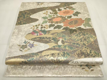 平和屋着物▼太鼓柄袋帯 螺鈿箔 鴛鴦花文 金銀彩 引箔 さが美扱い 正絹 逸品 AABH1882wj