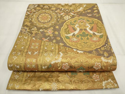 平和屋着物▼六通柄袋帯 切嵌花鳥丸文 金糸 正絹 逸品 AABH1891wj