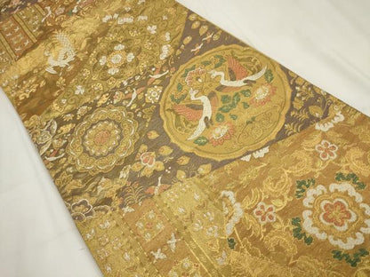 平和屋着物▼六通柄袋帯 切嵌花鳥丸文 金糸 正絹 逸品 AABH1891wj