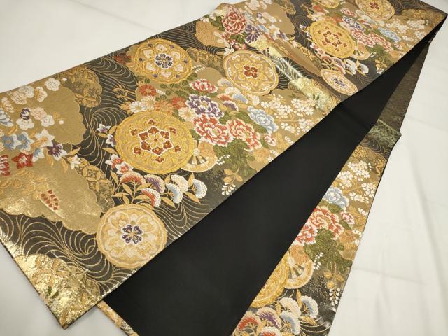 平和屋着物▼六通柄袋帯　流水花丸文　黒地　金糸　正絹　逸品　AABH1896wj
