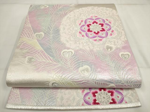 平和屋着物▼六通柄袋帯　孔雀羽花文　銀糸　正絹　逸品　AABH1901wj