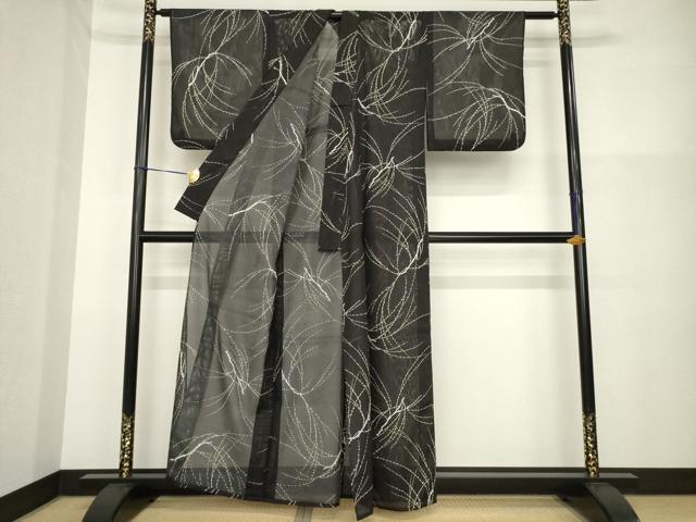 平和屋着物＊夏物 小紋 絽 枝花文 黒地 洗える着物 AABH1933ck