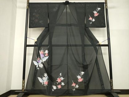 平和屋着物＊夏物 訪問着 絽 花蝶文 黒地 洗える着物 AABH1938ck