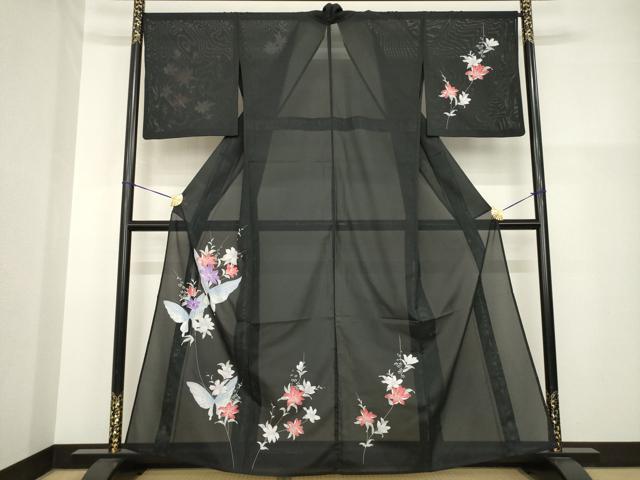 平和屋着物＊夏物 訪問着 絽 花蝶文 黒地 洗える着物 AABH1938ck