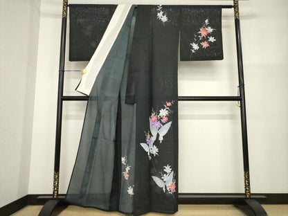 平和屋着物＊夏物 訪問着 絽 花蝶文 黒地 洗える着物 AABH1938ck