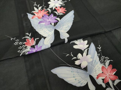 平和屋着物＊夏物 訪問着 絽 花蝶文 黒地 洗える着物 AABH1938ck