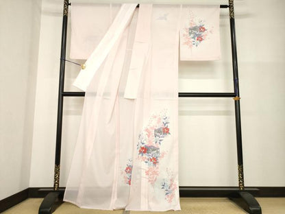 平和屋着物＊夏物 訪問着 絽 群れ鶴屏風花文 金彩 洗える着物 AABH1943ck