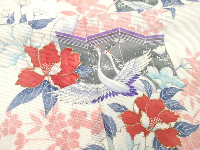 平和屋着物＊夏物 訪問着 絽 群れ鶴屏風花文 金彩 洗える着物 AABH1943ck