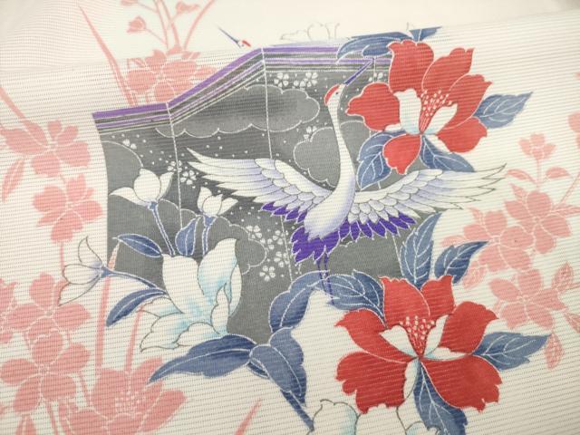 平和屋着物＊夏物 訪問着 絽 群れ鶴屏風花文 金彩 洗える着物 AABH1943ck