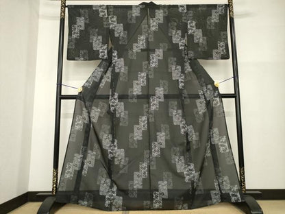 平和屋着物＊夏物 小紋 絽 短冊花文 黒地 洗える着物 AABH1950ck