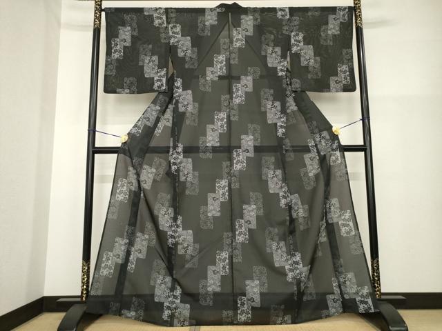 平和屋着物＊夏物 小紋 絽 短冊花文 黒地 洗える着物 AABH1950ck