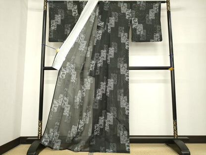 平和屋着物＊夏物 小紋 絽 短冊花文 黒地 洗える着物 AABH1950ck
