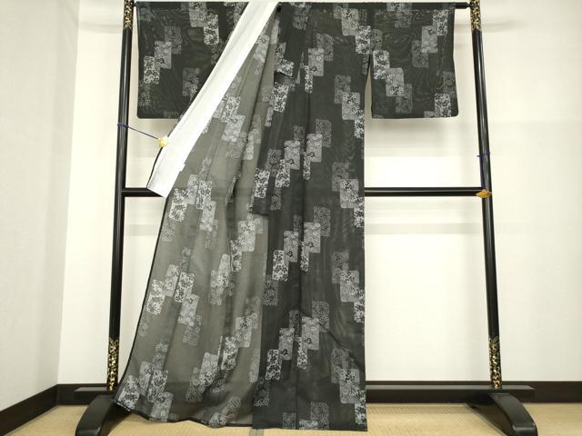 平和屋着物＊夏物 小紋 絽 短冊花文 黒地 洗える着物 AABH1950ck