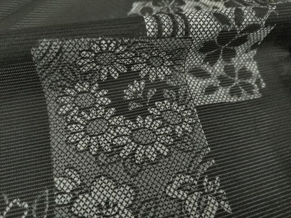 平和屋着物＊夏物 小紋 絽 短冊花文 黒地 洗える着物 AABH1950ck
