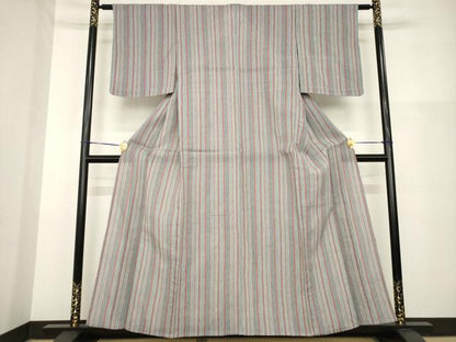 平和屋着物＊夏物 小紋 紗 よろけ縞 銀通し地 正絹 逸品 未使用 AABH1966ck