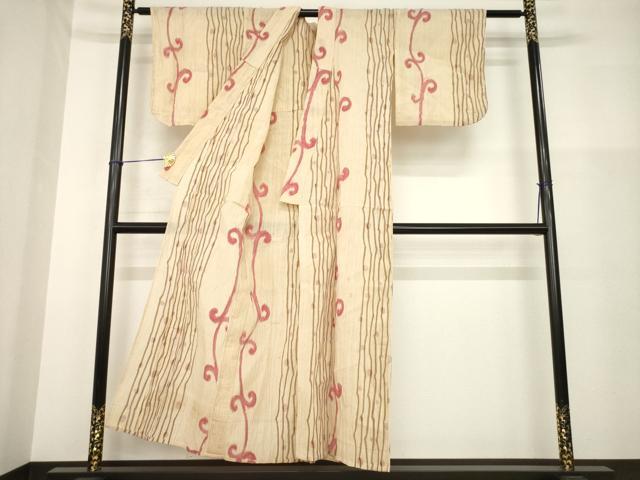 平和屋着物＊夏物　小千谷ちぢみ　唐草間道　麻　逸品　AABH1968ck