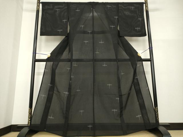 平和屋着物＊夏物 絽芭蕉 縦絽 トンボ 蜻蛉 黒地 正絹 逸品 AABH1979ck