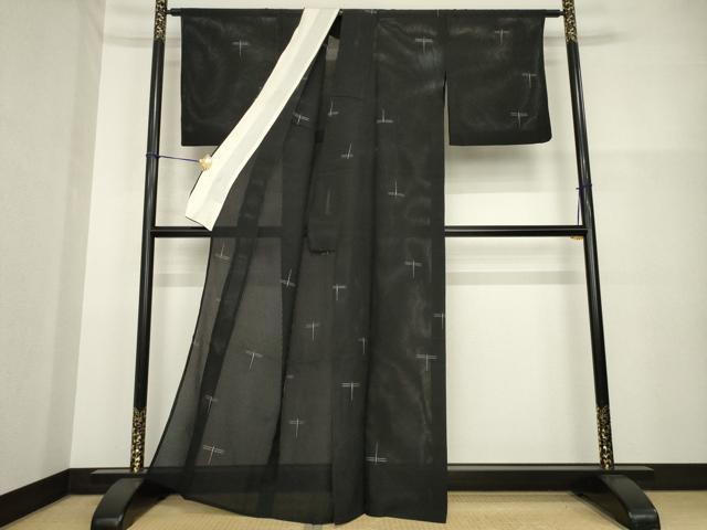 平和屋着物＊夏物 絽芭蕉 縦絽 トンボ 蜻蛉 黒地 正絹 逸品 AABH1979ck