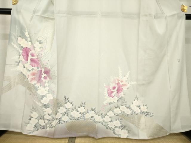 平和屋着物＊夏物 訪問着 絽 友禅 作家物 草花文 金彩 正絹 逸品 未使用 AABH1982ck