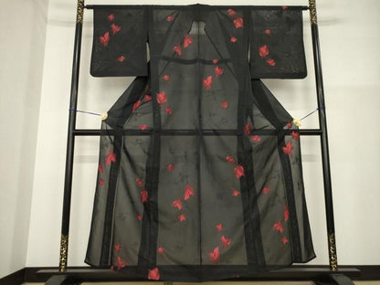 平和屋着物＊夏物 小紋 紗 草花文 黒地 正絹 逸品 AABH1983ck