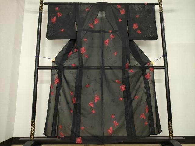 平和屋着物＊夏物 小紋 紗 草花文 黒地 正絹 逸品 AABH1983ck