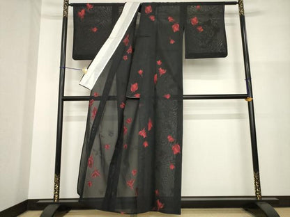 平和屋着物＊夏物 小紋 紗 草花文 黒地 正絹 逸品 AABH1983ck