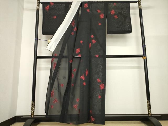 平和屋着物＊夏物 小紋 紗 草花文 黒地 正絹 逸品 AABH1983ck