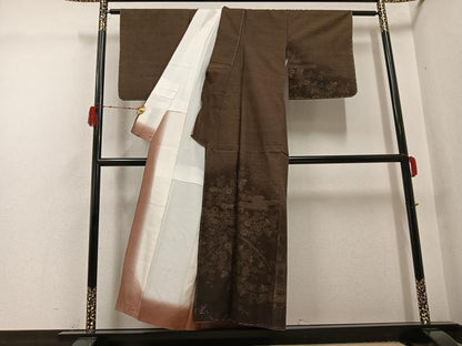 平和屋着物●本場真綿絢結城紬　訪問着　作家物　草花エ霞籬文　正絹　逸品　未使用　AABH2009ph