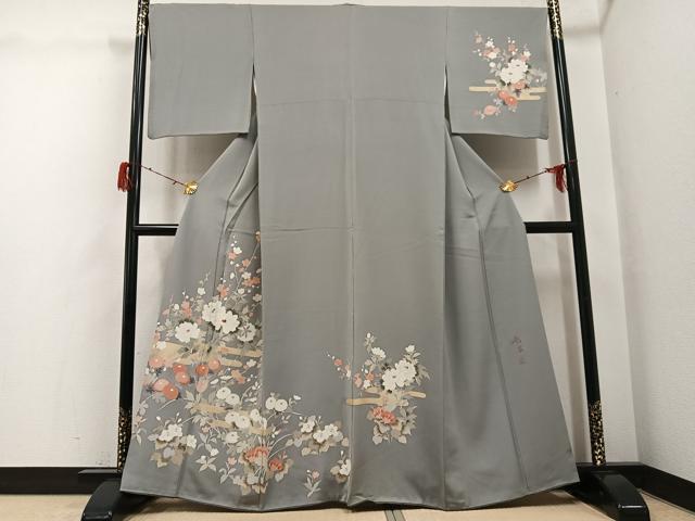 平和屋着物●訪問着　友禅　作家物　龍泉　刺繍　枝花文　金彩　正絹　逸品　AABH2012ph