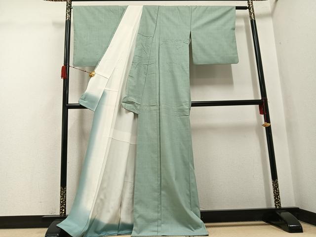 平和屋着物●結城紬　色無地　山葵色　正絹　逸品　AABH2021ph