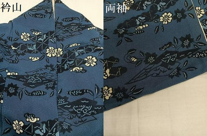 平和屋着物●上質な小紋　藍　型染め　花蝶文　鬼しぼ縮緬　正絹　逸品　AABH2024ph