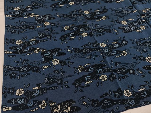 平和屋着物●上質な小紋　藍　型染め　花蝶文　鬼しぼ縮緬　正絹　逸品　AABH2024ph