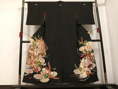 平和屋着物●アンティーク　大正ロマン　黒留袖　御所車花文　金彩　正絹　逸品　AABH2025ph