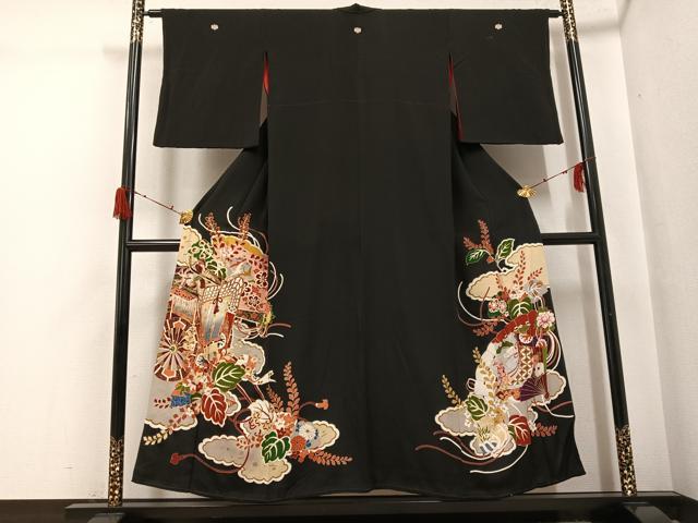 平和屋着物●アンティーク　大正ロマン　黒留袖　御所車花文　金彩　正絹　逸品　AABH2025ph