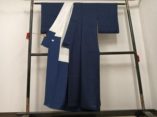 平和屋着物●上質な色無地　本藍　桐竹鳳凰地紋　藍鉄色　正絹　逸品　AABH2033ph
